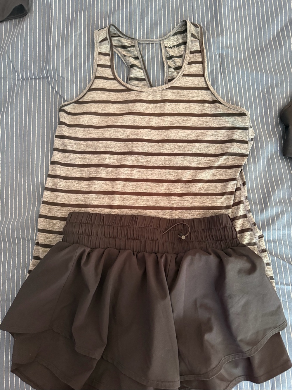 Black and Gray Striped Racerback Tank and tiered running shorts